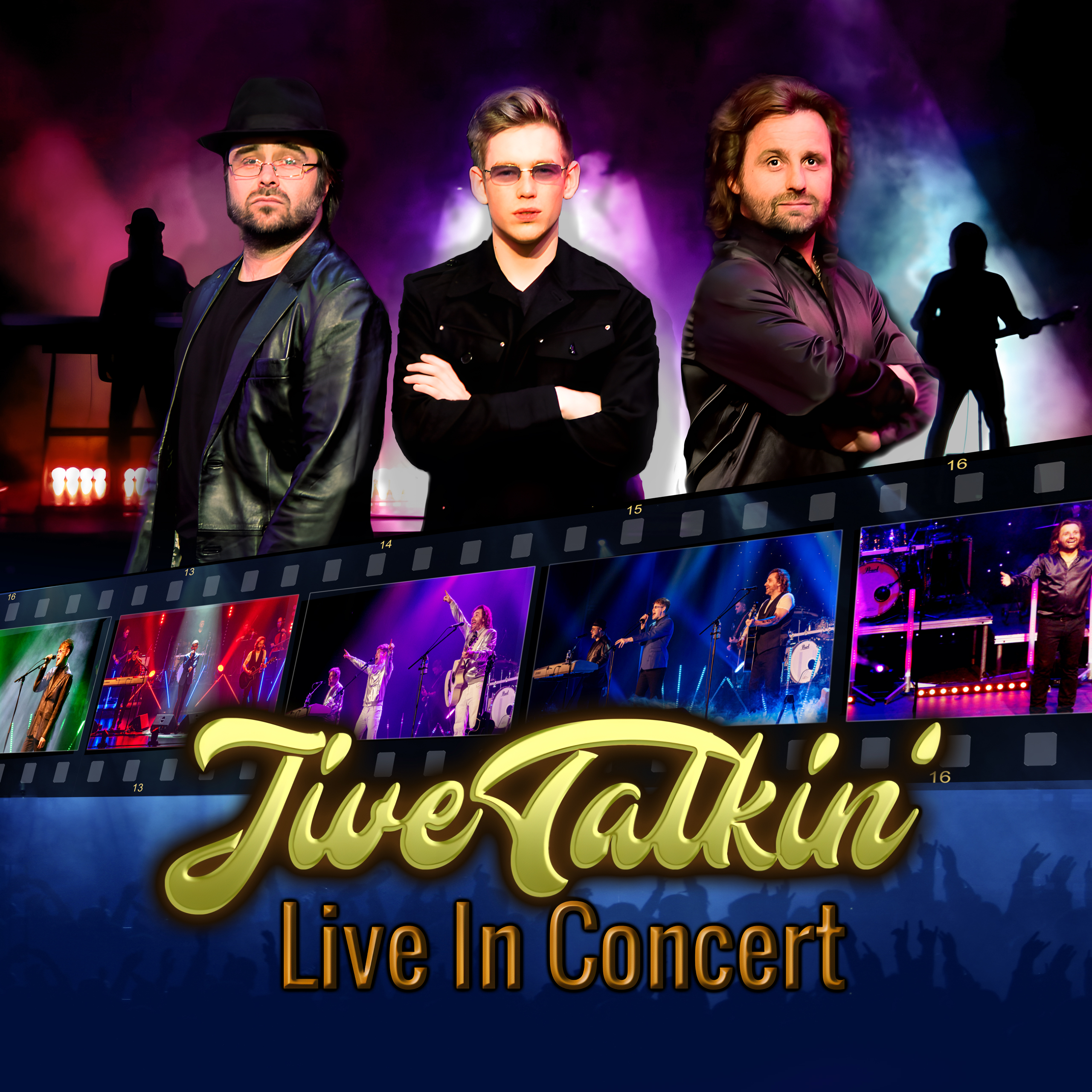 A promotional banner for the theatre show Jive Talkin which will be at The Victoria Theatre Halifax on Saturday 16 January 2027. The 3 BeeGees tribute singers are stood in front of a colourfully lit theatre stage