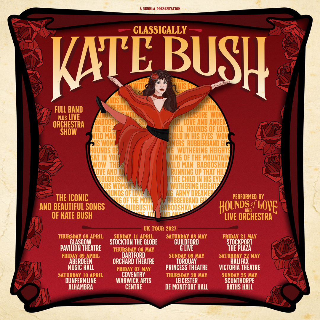 A promotional banner for the event Classically Kate Bush at The Victoria Theatre Halifax featuring a lady dancing in a red dress 