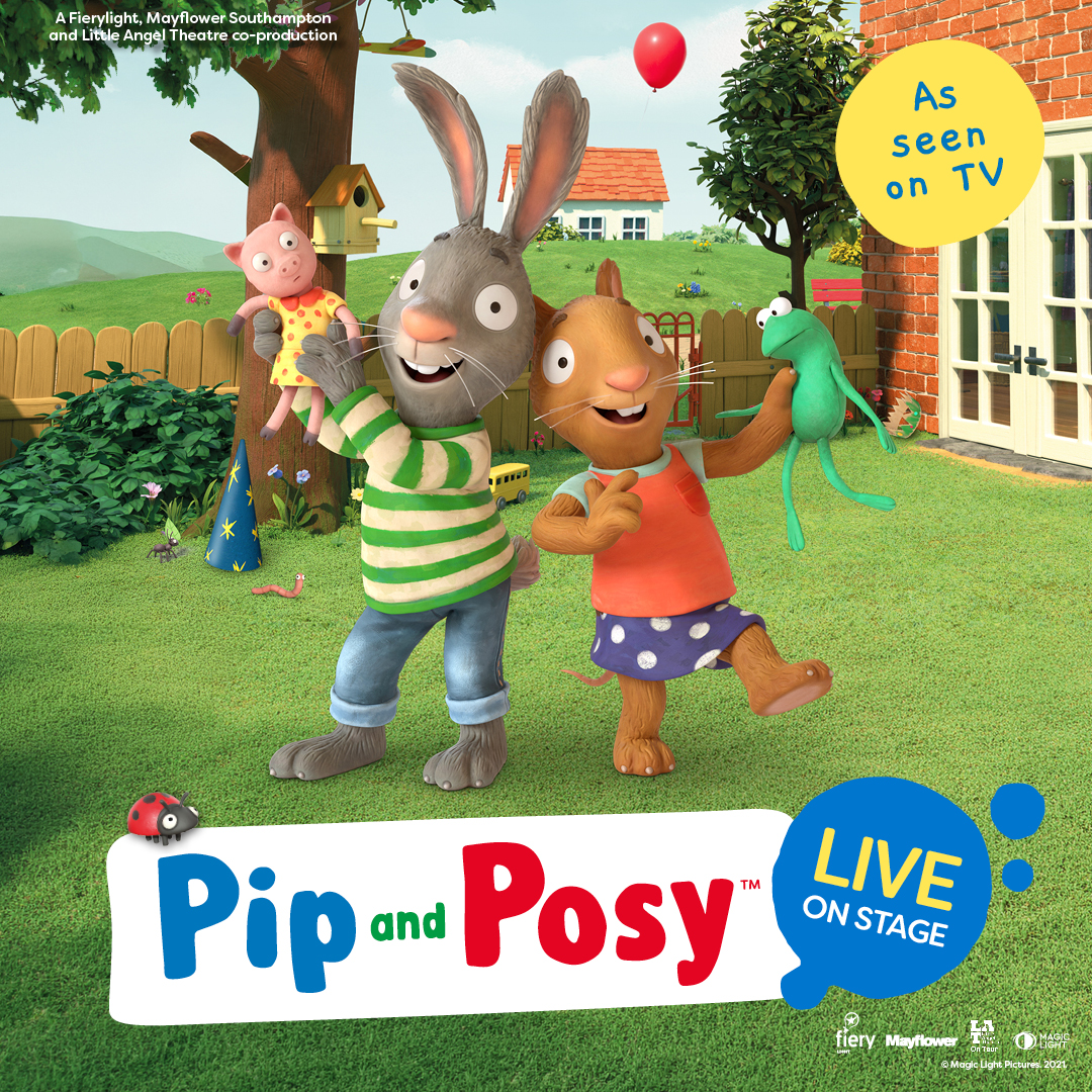 Promotional banner for the children's show Pip and Posy Live on Stage which will be on stage at The Victoria Theatre Halifax. The image features the playful children's characters Pip and Posy.