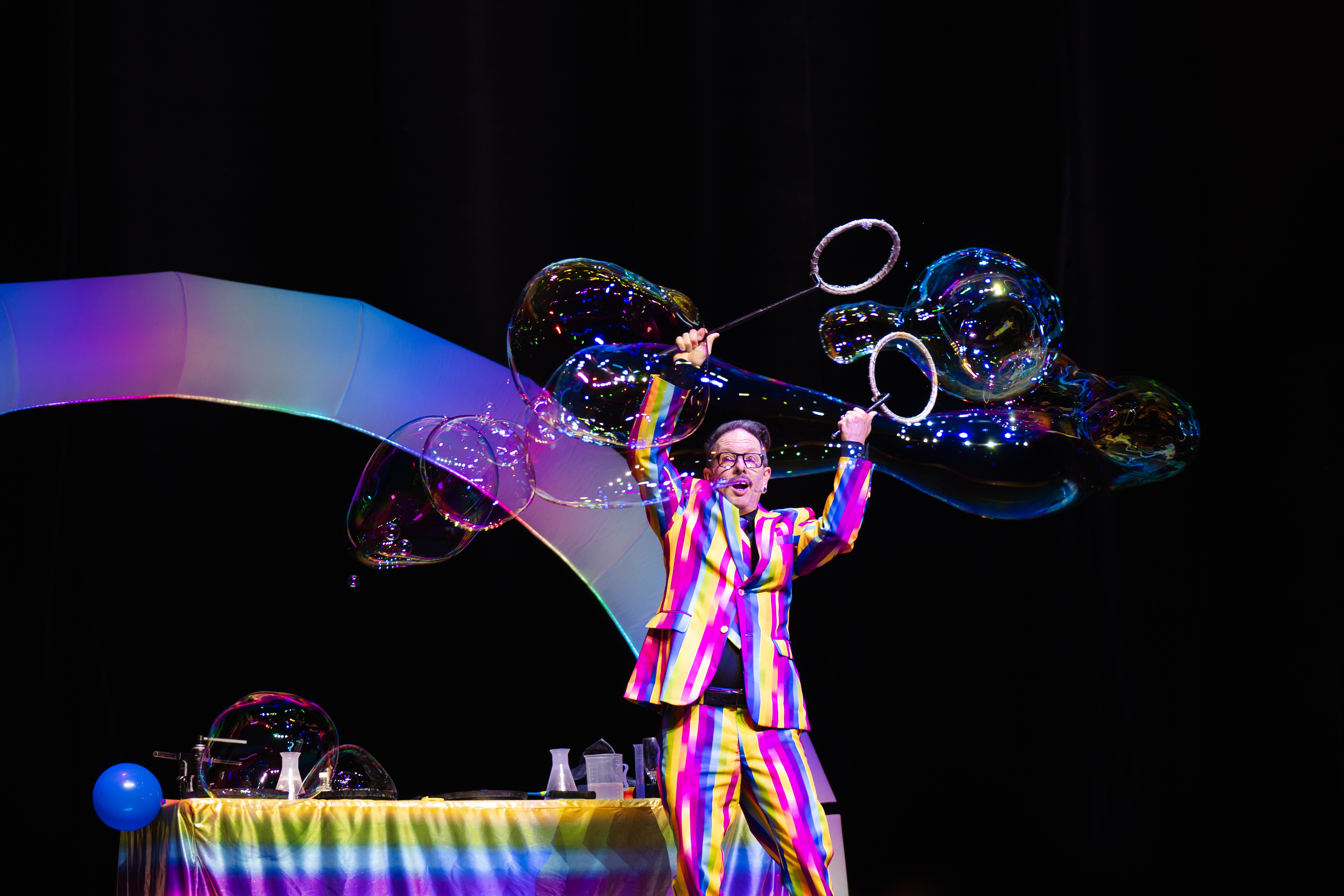 Bubble Spectacular featuring Dr Hubble on stage with a bubble display coming to The Victoria Theatre Halifax