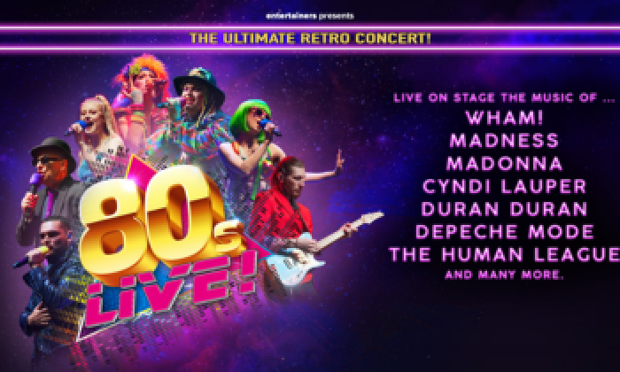 Promotional banner for a show at The Victoria Theatre Halifax names 80s Live. The image shows 7 artists positioned around the 80's Live show logo and a list of artists down the right hand side.