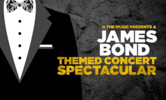 A promotion banner for an event at the Victoria Theatre Halifax James Bond Themed Concert Spectacular featuring a Tuxedo with a black tie
