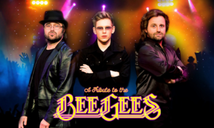A promotional banner for the theatre show Jive Talkin which will be at The Victoria Theatre Halifax on Saturday 16 January 2027. The 3 BeeGees tribute singers are stood in front of a colourfully lit theatre stage