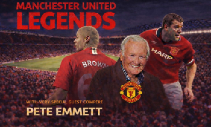 A promotion banner for an event at the Victoria Theatre Halifax featuring an evening with 3 Manchester United Football Club legends. These include Ron Atkinson, Gary Pallister & Wes Brown 