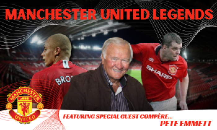 A promotion banner for an event at the Victoria Theatre Halifax featuring an evening with 3 Manchester United Football Club legends. These include Ron Atkinson, Gary Pallister & Wes Brown 