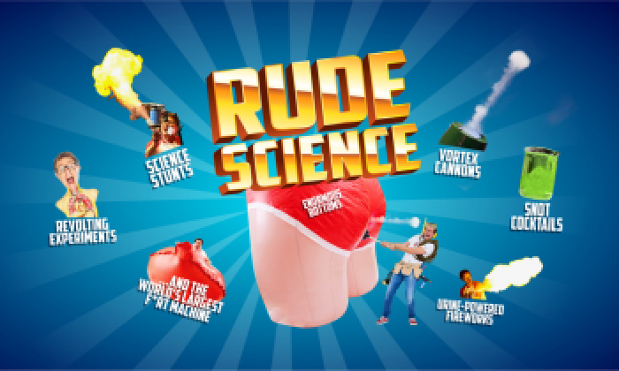 Stefan Gates performing a fun science experiment on stage for kids at Victoria Theatre Halifax