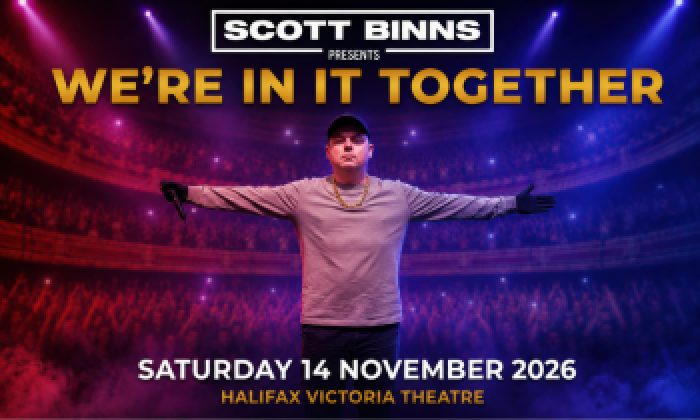 Promotional image for Scott Binns event at The Victoria Theatre Halifax featuring Scott Binns on stage at the Victoria Theatre in front of a packed theatre auditorium