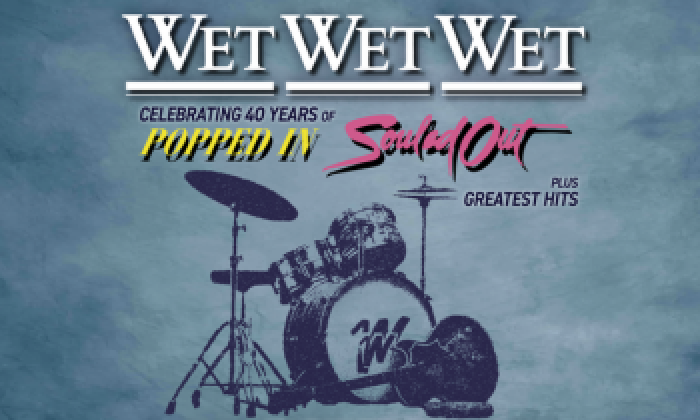 Promotional photo for Wet Wet Wet's 40th Anniversary Tour which will be live at the Victoria Theatre Halifax in 2027. The logo sites on a blue and grey mottled background.