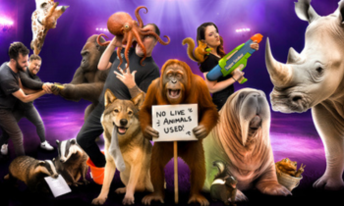 A promotion banner for an event at the Victoria Theatre Halifax Amazing Animals featuring animals including a giraffe, rhino, walrus, wolf and orangutan
