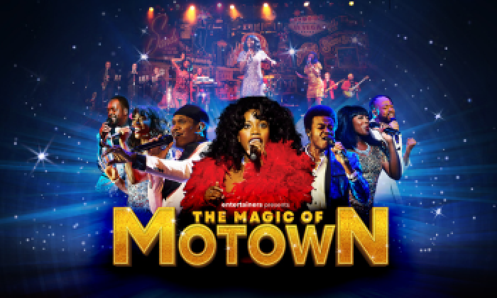 Promotional banner for the event The Magic of Motown which will be on stage at The Victoria Theatre Halifax. The image features a group of singers holding microphones behind the logo for the theatre show