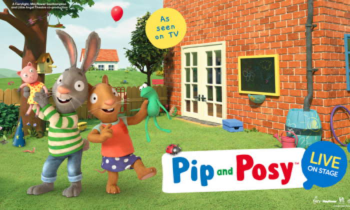 Promotional banner for the children's show Pip and Posy Live on Stage which will be on stage at The Victoria Theatre Halifax. The image features the playful children's characters Pip and Posy.
