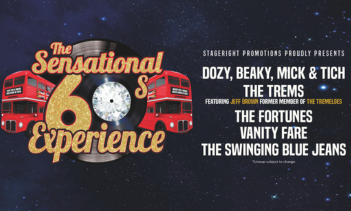 Promotional poster for The Sensational 60s Experience 2026 tour featuring logos of The Fortunes, The Trems, and The Swinging Blue Jeans.